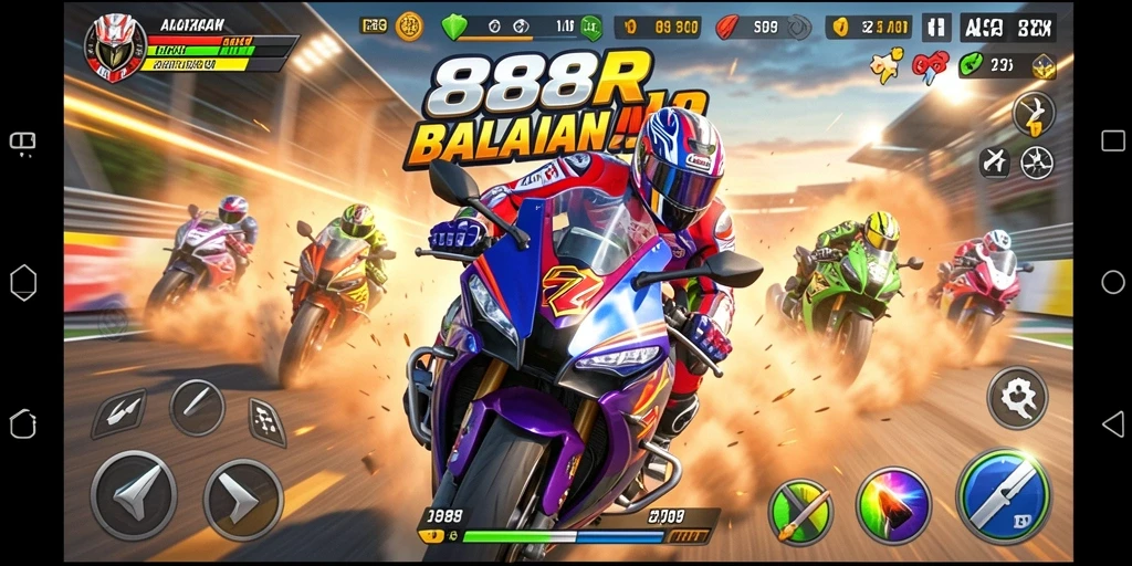 Screenshot gameplay 888R menampilkan balapan motor yang mendebarkan.