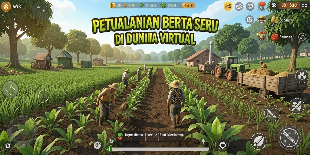 Screenshot gameplay AW8 menampilkan aktivitas bertani yang menyenangkan.