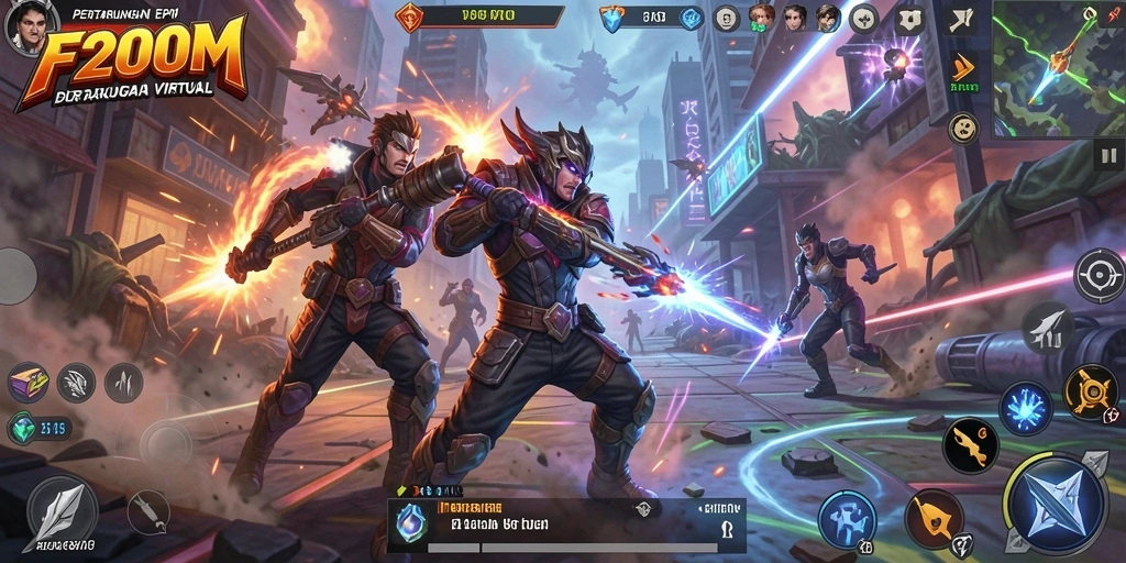 Tampilan gameplay F200M dengan karakter bertarung dalam arena yang menegangkan.