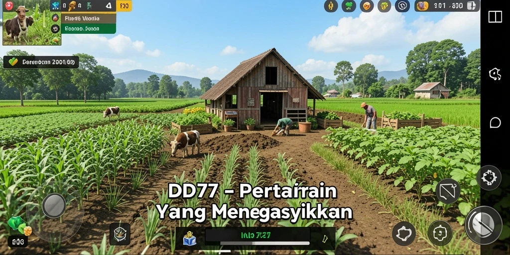 Screenshot gameplay IDR77 menunjukkan petani yang sedang merawat tanaman.