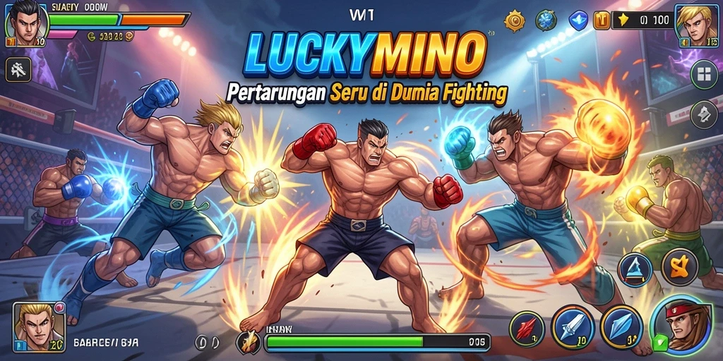 Tangkapan layar utama LUCKYMINO menampilkan aksi pertarungan yang mendebarkan.